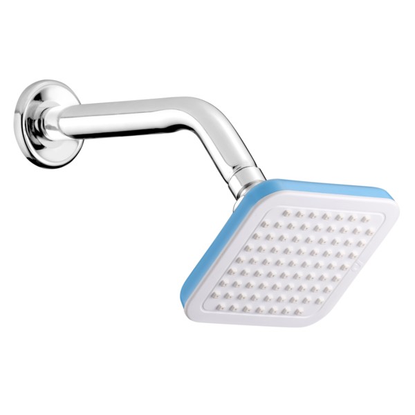 Cabezal de Ducha Cuadrada 4" x 4" blanco/azul con brazo en ángulo 9" Acero Inox. Pearl, Ref.: SHP-1453