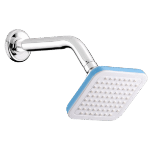 cabezal de ducha cuadrada 4" x 4" blanco/azul con brazo en ángulo 9" acero inox. pearl, ref.: shp 1453