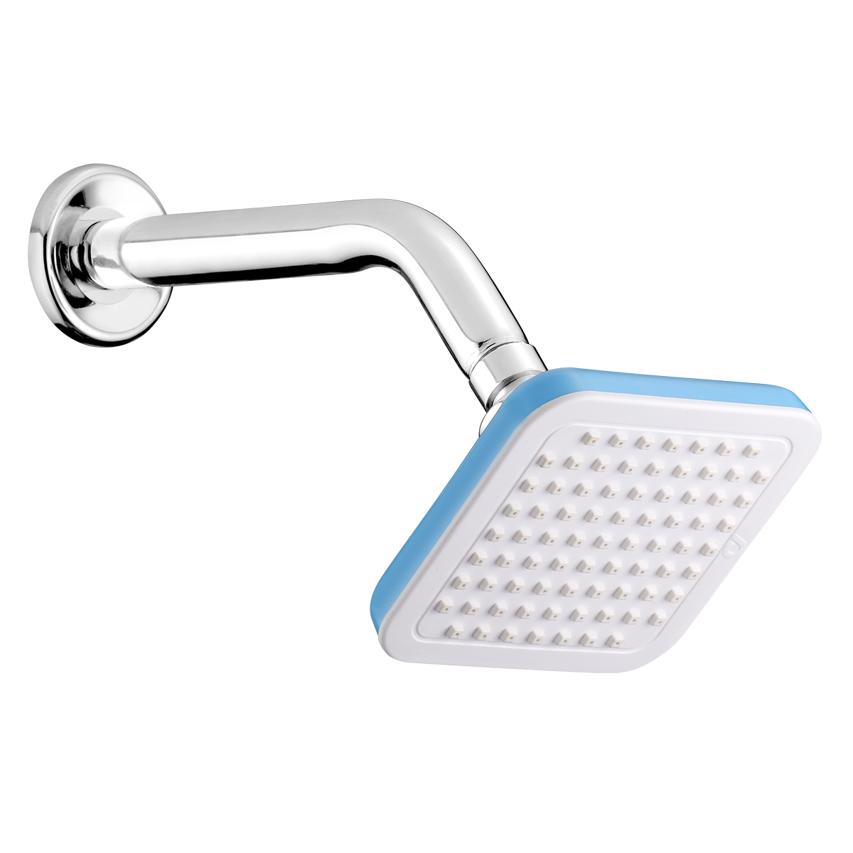 cabezal de ducha cuadrada 4" x 4" blanco/azul con brazo en ángulo 9" acero inox. pearl, ref.: shp 1453